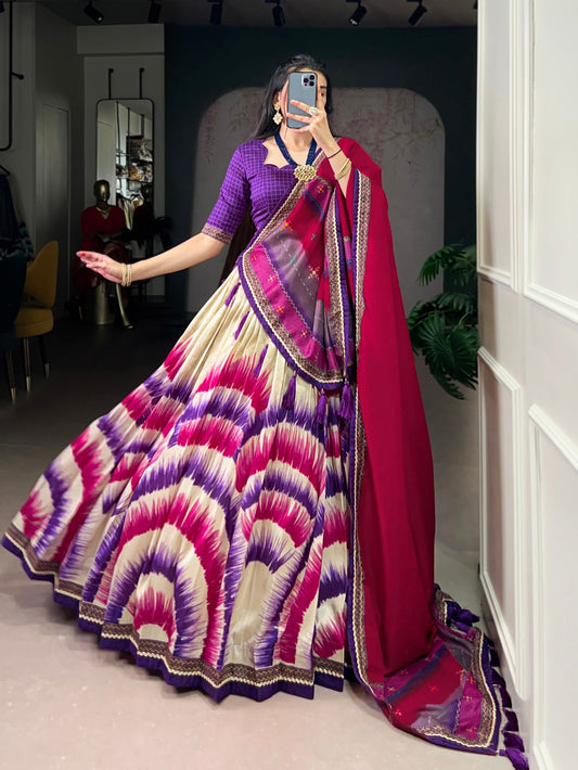 Lorenvalley Fashion Multicolor Tasar Silk Tie and Dye Print with Lace Touch Up Lehenga Choli with Dupatta - Swadesiicart
