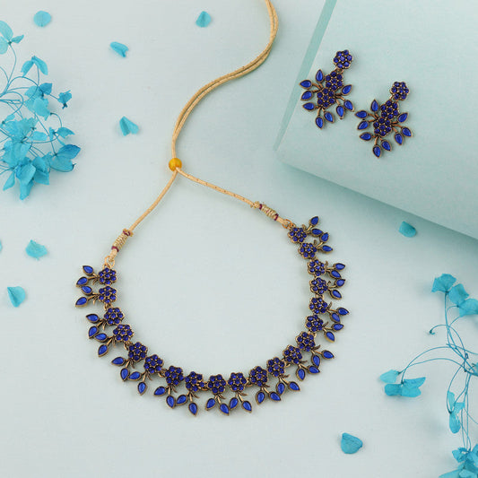 Tehzeeb Creations Royal Blue Pack of 1 Gold-Polished Choker Necklace Set With Earring For Women & Girls - Swadesiicart