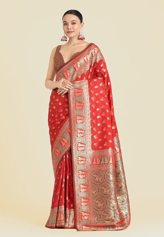 Monjolika Fashion Red Color Weaving Banarasi Silktraditional Saree | Swadesiicart