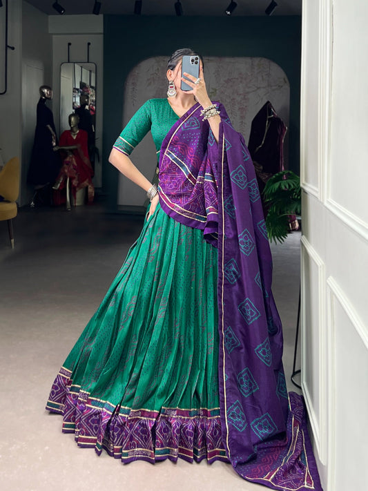 Lorenvalley Fashion Green Tasar Silk Bandhej Print With Gotta Patti Lace Touch Up Lehenga Choli with Dupatta - Swadesiicart
