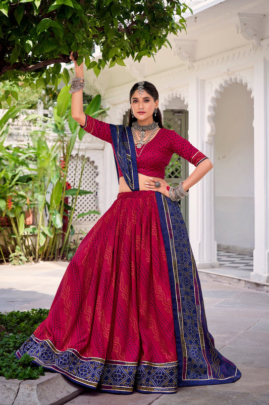 Lorenvalley Fashion Pink Tasar Silk Bandhej Print With Gotta Patti Lace Touch Up Lehenga Choli with Dupatta - Swadesiicart