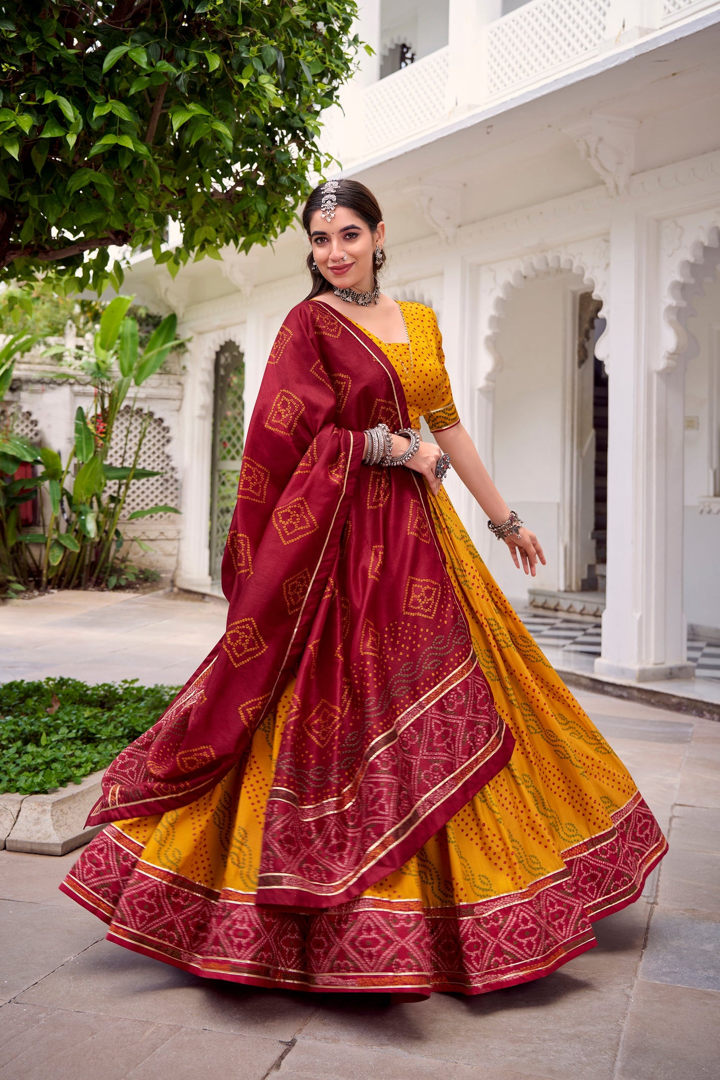 Lorenvalley Fashion Yellow Tasar Silk Bandhej Print With Gotta Patti Lace Touch Up Lehenga Choli with Dupatta - Swadesiicart