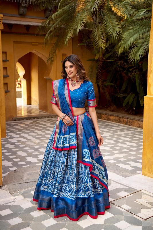 Lorenvalley Fashion Blue Dola Silk Batik Print with Zari Weaving Work Lehenga Choli with Dupatta - Swadesiicart