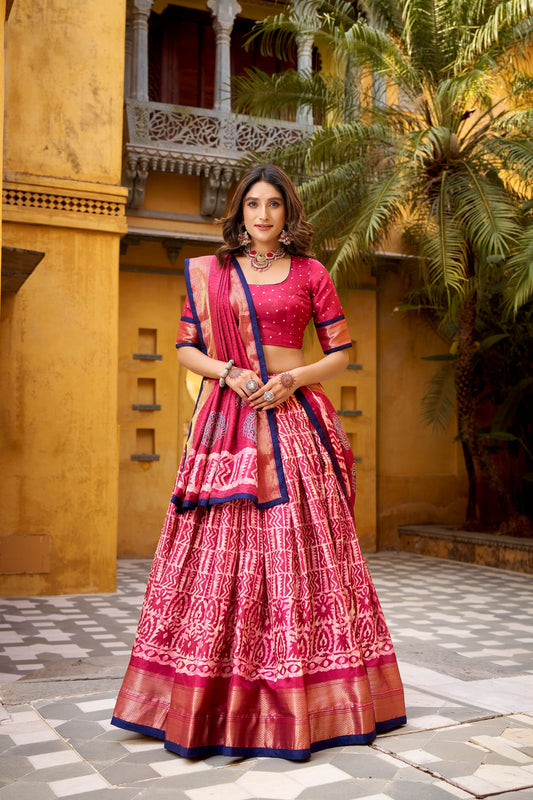 Lorenvalley Fashion Gajari Dola Silk Batik Print with Zari Weaving Work Lehenga Choli with Dupatta - Swadesiicart