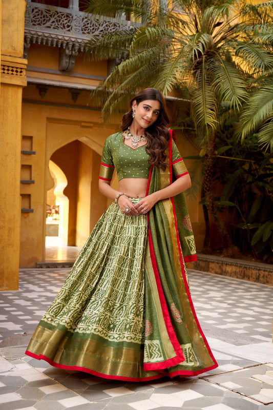 Lorenvalley Fashion Mehendi Dola Silk Batik Print with Zari Weaving Work Lehenga Choli with Dupatta - Swadesiicart