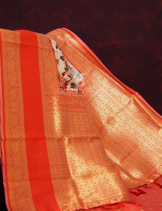 Off White Banaras Border Pichwai Design Banarasi Semi Silk Saree By Gayathri Reddy Designer Studio | Swadesiicart