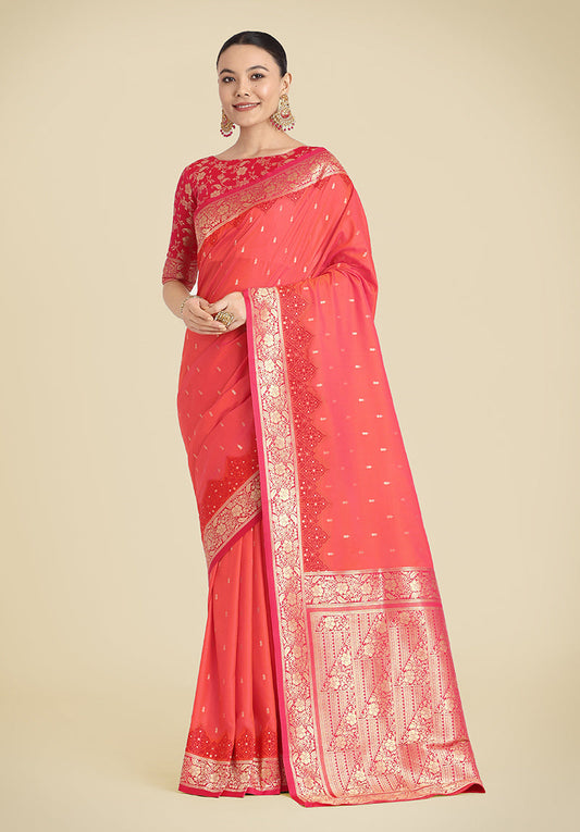 Monjolika Fashion Banarasi Silk Coral Pink Color Weaving Designer Saree | Swadesiicart