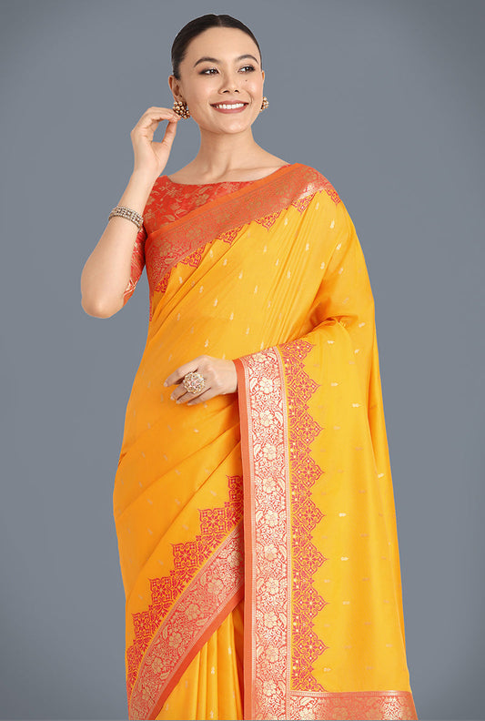 Monjolika Fashion Banarasi Silk Yellow Color Weaving Designer Saree | Swadesiicart