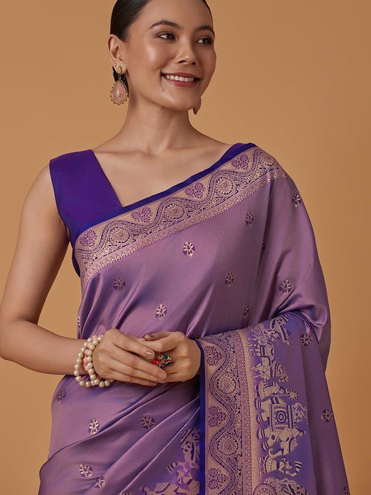 Monjolika Fashion Lavender Banarasi Silk Blend SareeWith Traditional & Modern Dulha Dulhan Figure Zari Woven Detailing | Swadesiicart