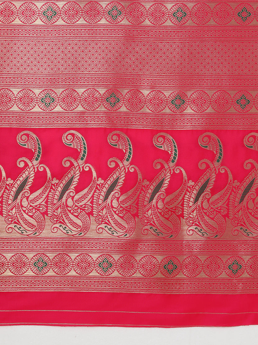 Monjolika Fashion Light Pink Banarasi Silk Blend SareeIn Classic Paisley & Rich Zari Pallu Comes With Unstitched Blouse | Swadesiicart