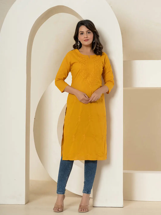 Yufta Women Mustard Chikankari Straight Kurta - Swadesiicart