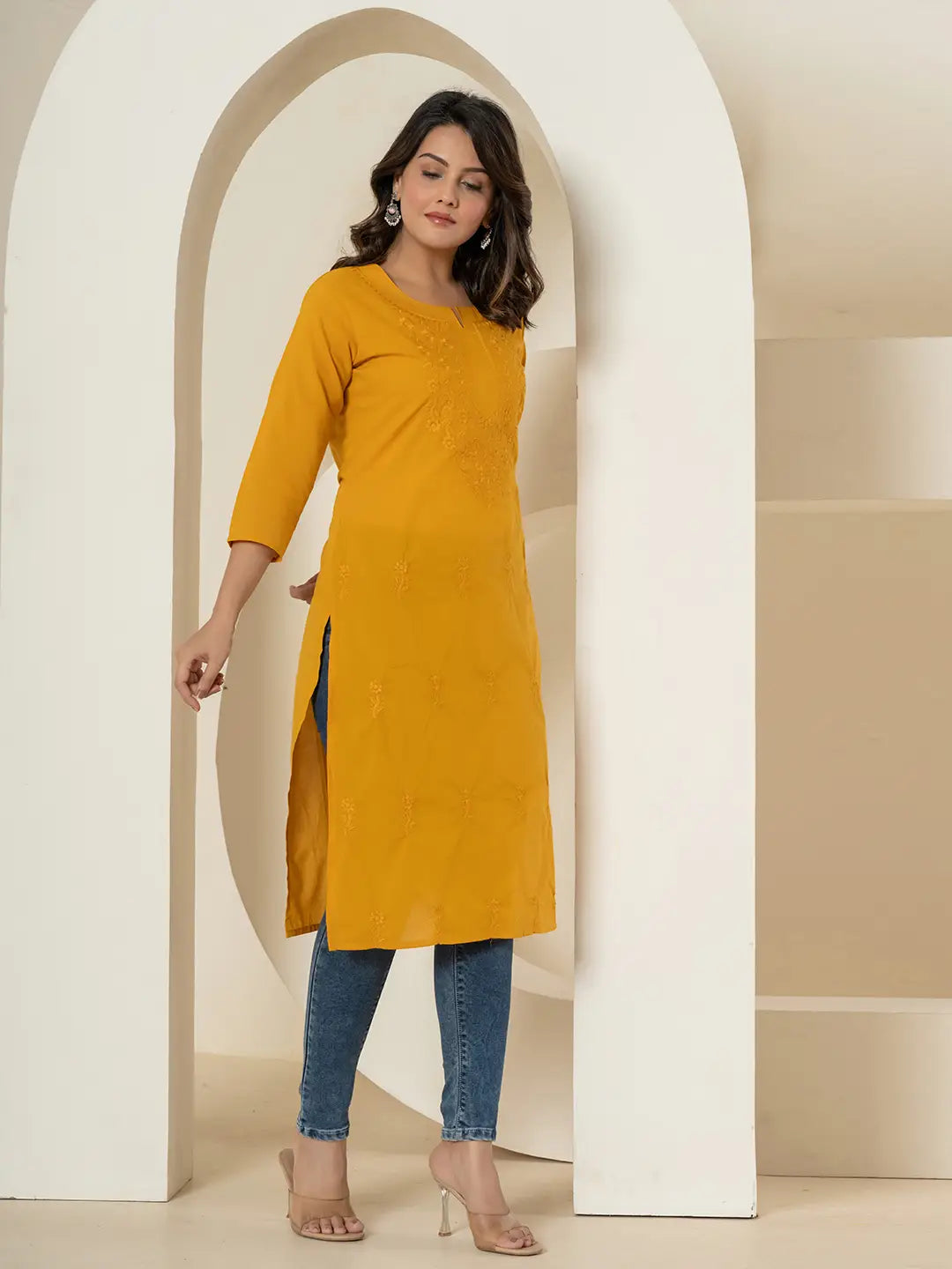 Yufta Women Mustard Chikankari Straight Kurta - Swadesiicart