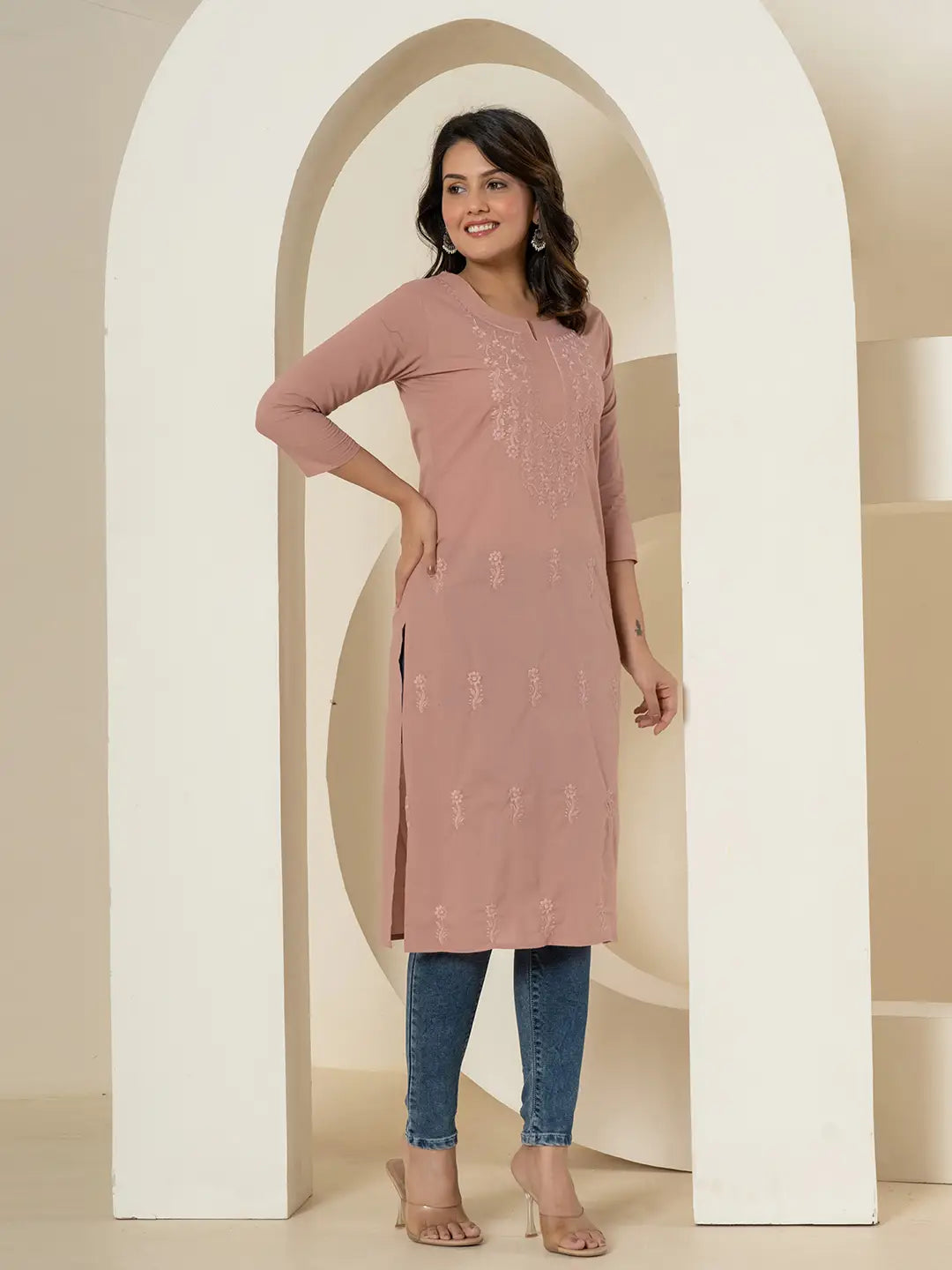 Yufta Women Purple Chikankari Straight Kurta - Swadesiicart