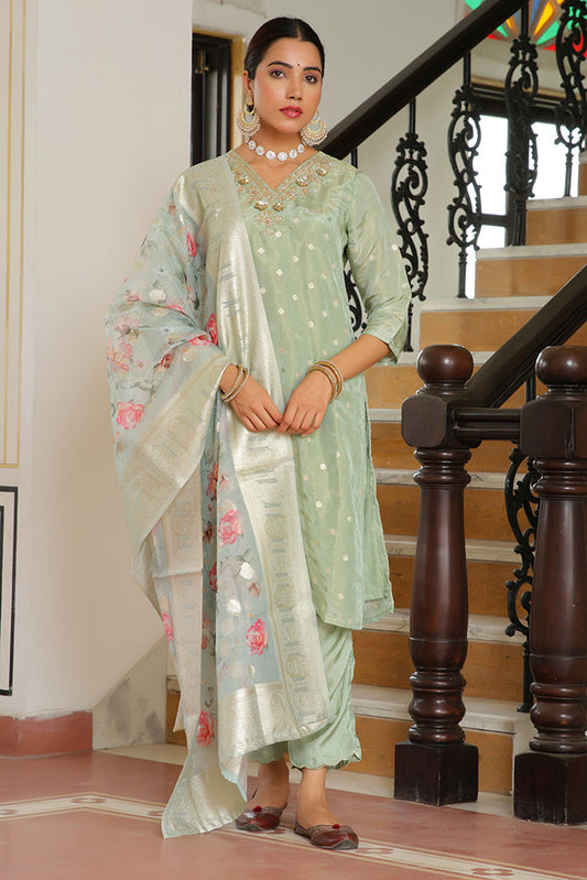 Vaasva Women Aqua Tissue Brocade Embroidered Kurta With Scalloped Pant & Dupatta | Swadesiicart
