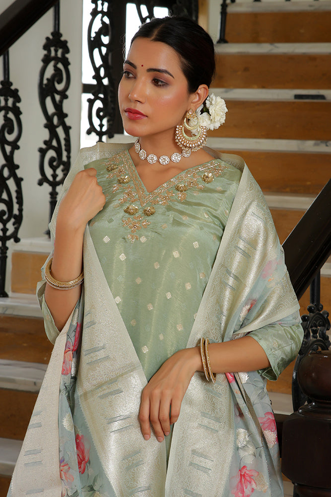 Vaasva Women Aqua Tissue Brocade Embroidered Kurta With Scalloped Pant & Dupatta | Swadesiicart