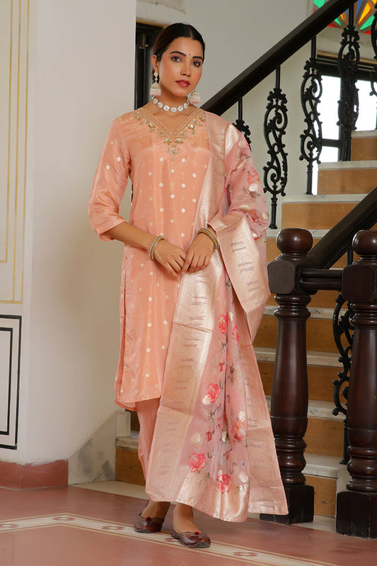 Vaasva Women Peach Tissue Brocade Embroidered Kurta With Scalloped Pant & Dupatta | Swadesiicart