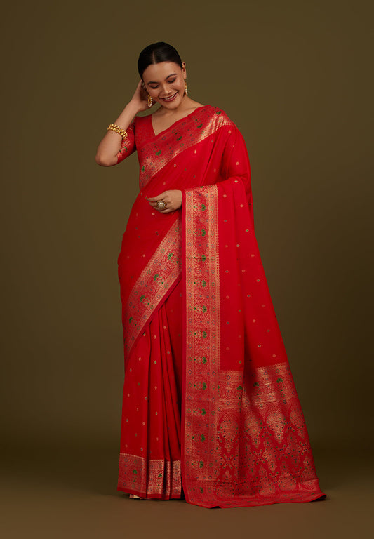 Monjolika Fashion Elegant Red Banarasi Silk Blend SareeBrocade Motifs & Zari Woven Splendor | Swadesiicart