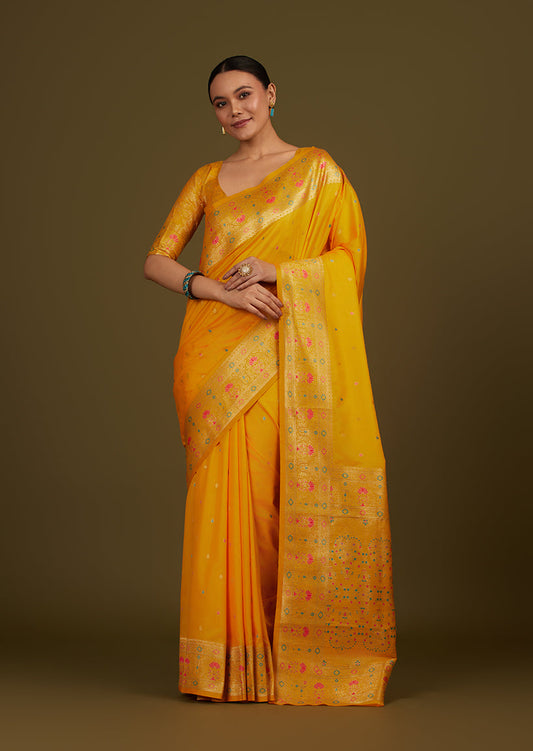 Monjolika Fashion Elegant Yellow Banarasi Silk Blend SareeBrocade Motifs & Zari Woven Splendor | Swadesiicart