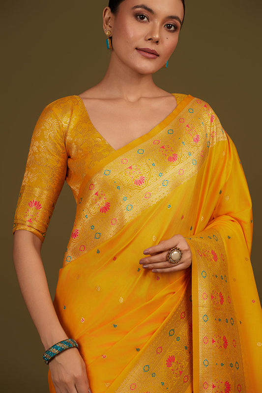 Monjolika Fashion Elegant Yellow Banarasi Silk Blend SareeBrocade Motifs & Zari Woven Splendor | Swadesiicart