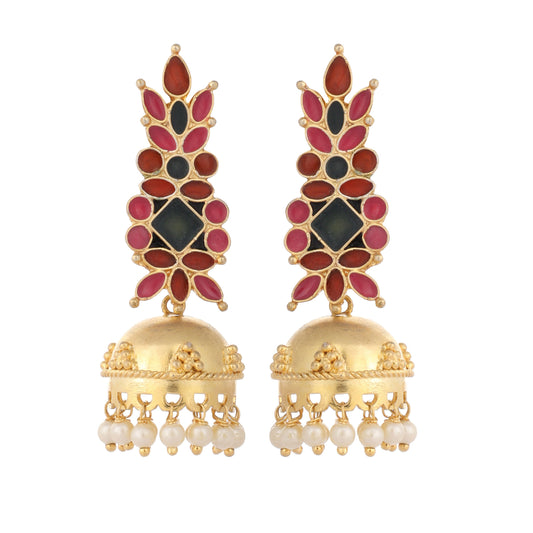 Nuyug 22K Gold-Plated Enamel & Beaded Dome Shaped Jhumka Earrings | Swadesiicart
