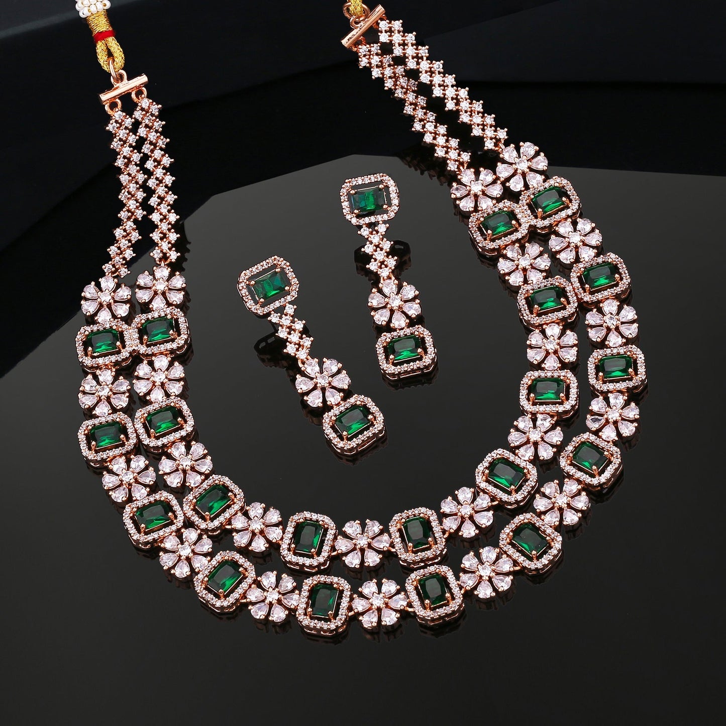 Estele Rose Gold-Polished CZ Dazzling Double Layered Designer Necklace Set with Green & White Crystals for Women - Swadesiicart