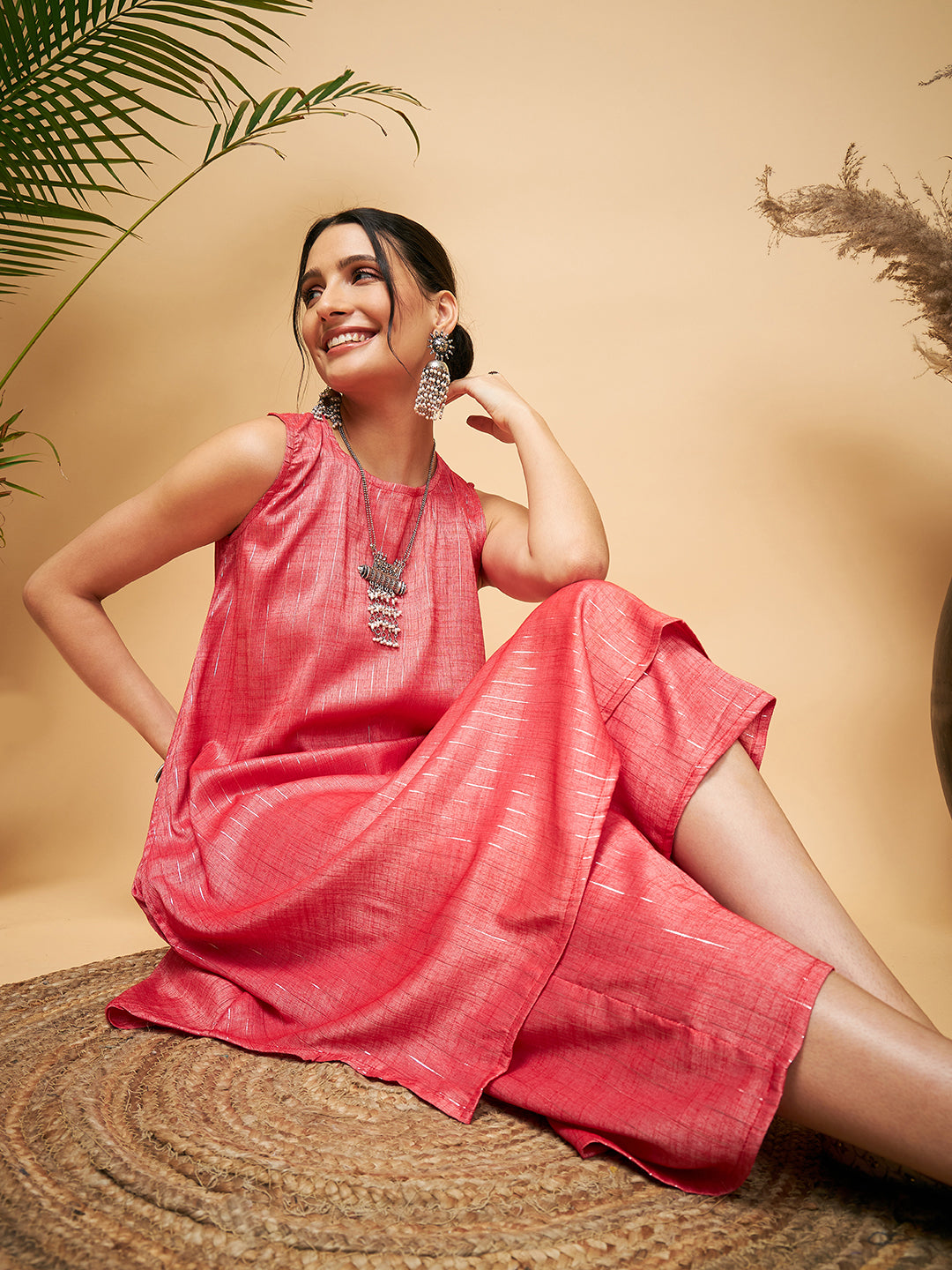 InWeave Women's Red Lurex Short Pallazo Kurta Set - Swadesiicart