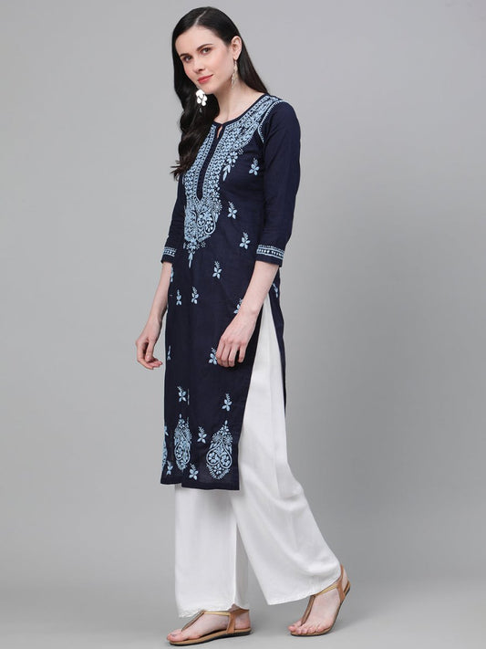 ADA Women Blue Chikankari Hand Embroidered Cotton Straight Sustainable Handloom Kurta | Swadesiicart