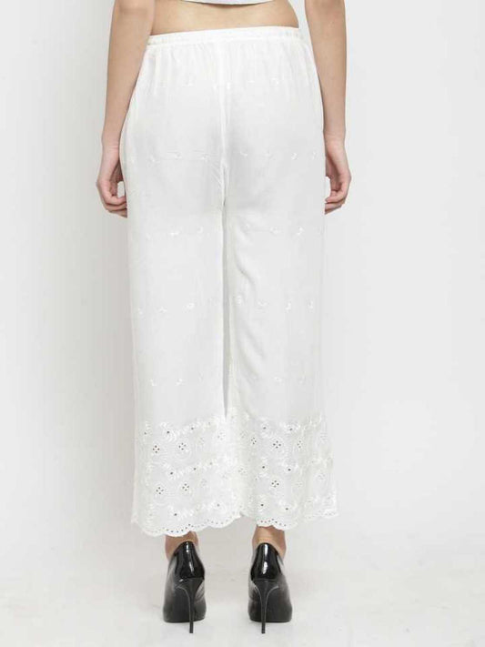 PAVONINE White Color Half Schiffli Chikankari Rayon Fabric Palazzo For Women | Swadesiicart