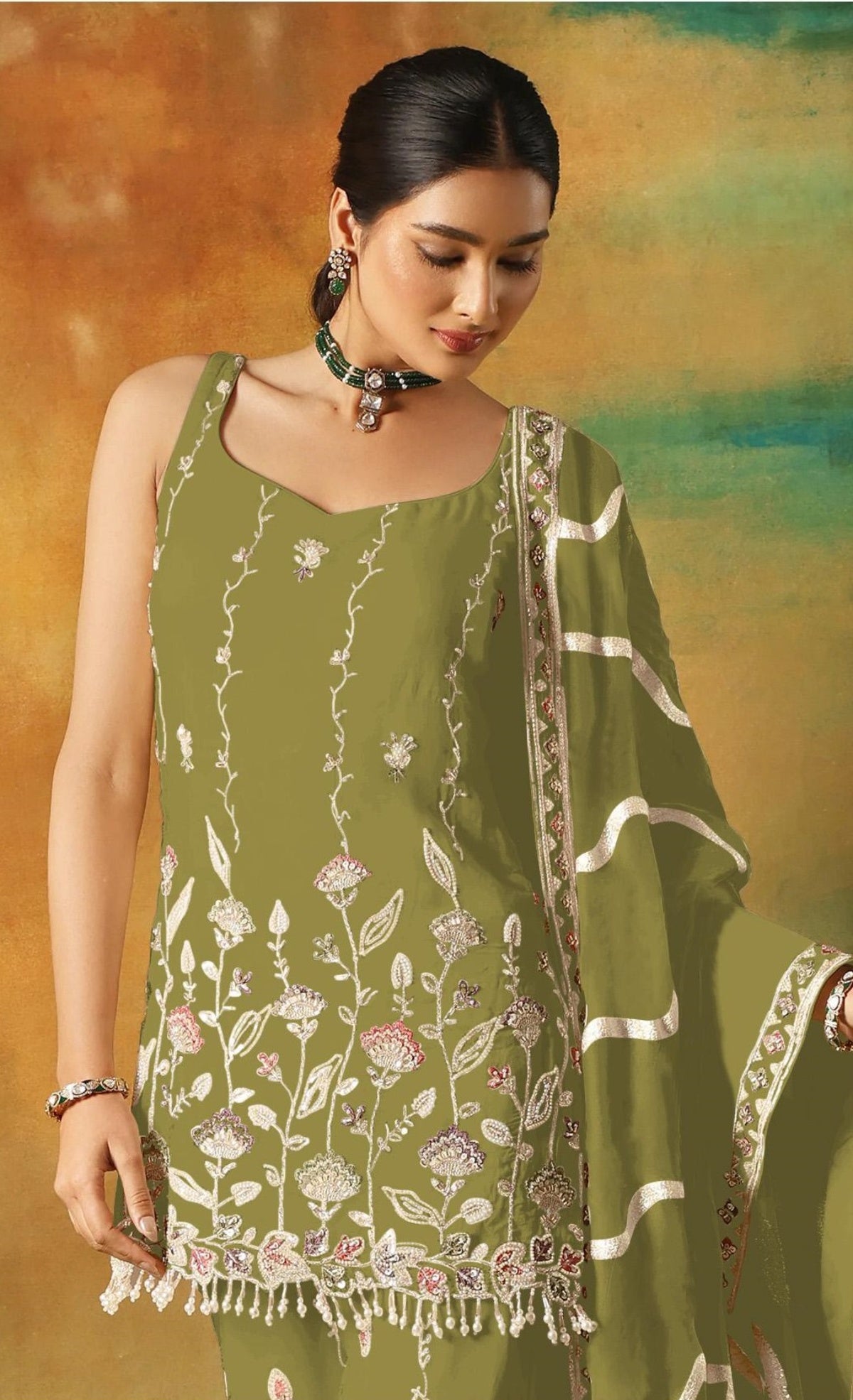 Anaita Parrot Green Heavy Fox Georgette Suit With Embroidery Work