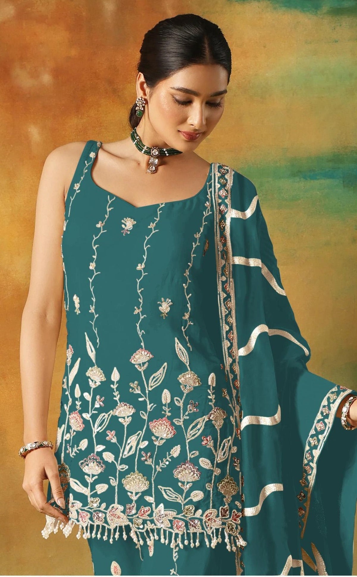 Anaita Teal Blue Heavy Fox Georgette Suit With Embroidery Work