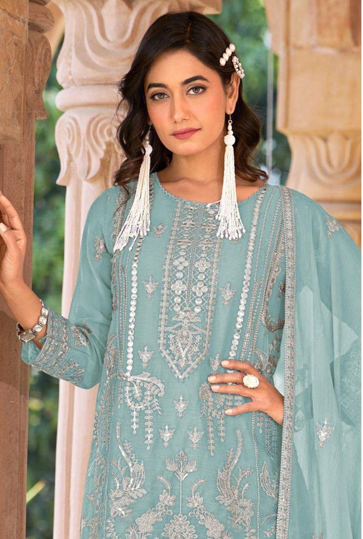 Anaita Sky Blue Nylon Organza Suit With Embroidery & Mirror Work