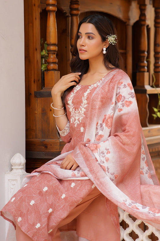 Vaasva Women Pink Linen Kurta Embroidered Kurta Set With Solid Pants & Dupatta | Swadesiicart