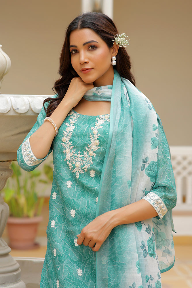Vaasva Women Green Linen Kurta Embroidered Kurta Set With Solid Pants & Dupatta | Swadesiicart
