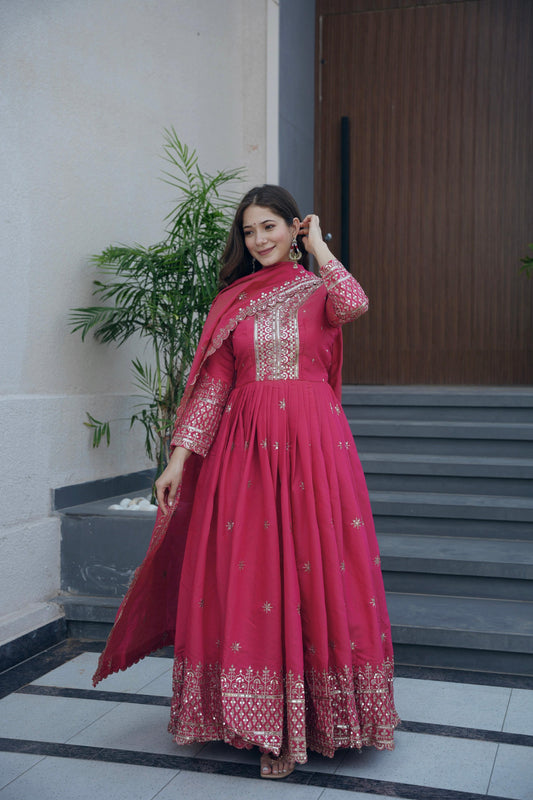 Lorenvalley Fashion Gajari Pink Shimmer Silk Embroidery Sequins Work Anarkali Gown with Dupatta