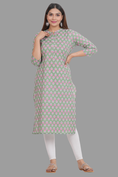 House of RP Women's Green Cotton Floral Print Straight Kurta | Swadesiicart