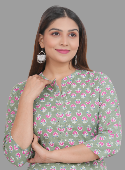 House of RP Women's Green Cotton Floral Print Straight Kurta | Swadesiicart