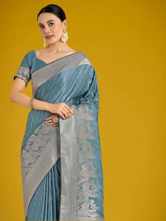 Monjolika Fashion Dusty Cyan Weaving Banarasi Satin Silk Trendy Saree For Festival | Swadesiicart