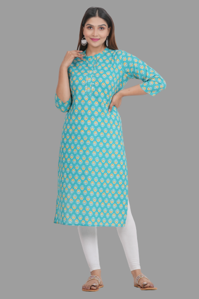 House of RP Women's Turquoise Cotton Floral Print Straight Kurta | Swadesiicart