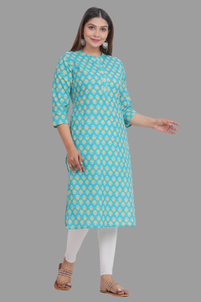 House of RP Women's Turquoise Cotton Floral Print Straight Kurta | Swadesiicart