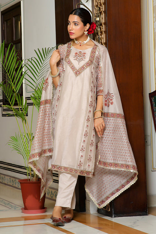 Vaasva Women Grey Chanderi Block Printed Embroidered Kurta Set With Solid Pants & Dupatta | Swadesiicart