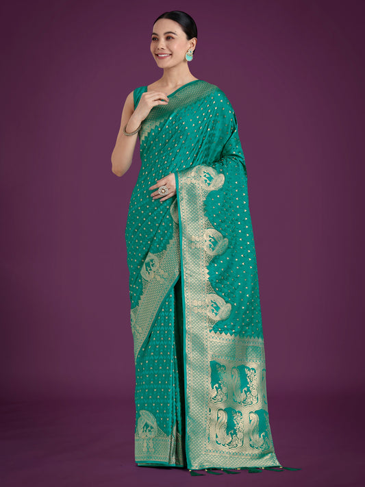 Monjolika Fashion Gorgeous Turquoise Woven Banarasi Satin Designer Silk Saree | Swadesiicart