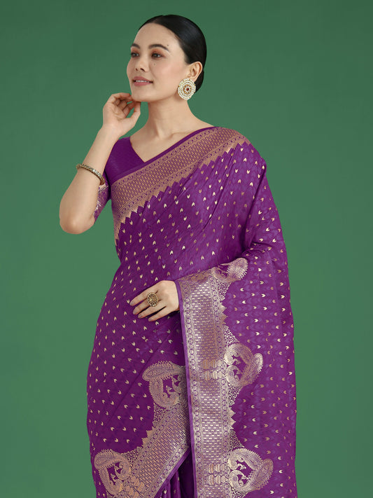 Monjolika Fashion Gorgeous Purple Woven Banarasi Satin Designer Silk Saree | Swadesiicart