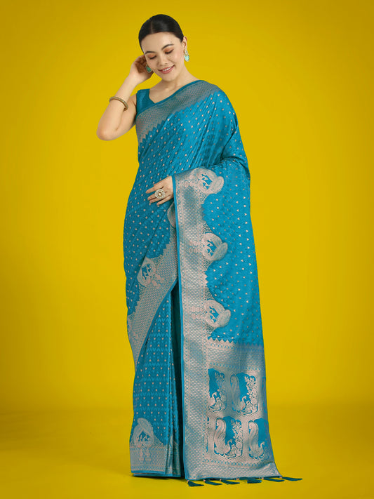 Monjolika Fashion Gorgeous Cyan blue Woven Banarasi Satin Designer Silk Saree | Swadesiicart