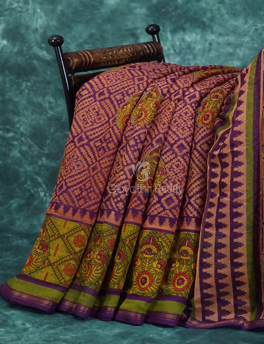 Light Orange And Purple Colour Printed Semi Chanderi Saree By Gayathri Reddy Designer Studio | Swadesiicart