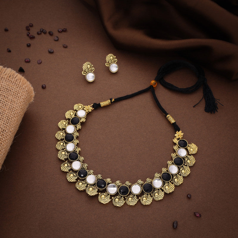 Tehzeeb Creations Black And White Colour Gold-Polished Stone Jewellery Choker Necklace Set With Matching Pair of Stud Earrings - Swadesiicart