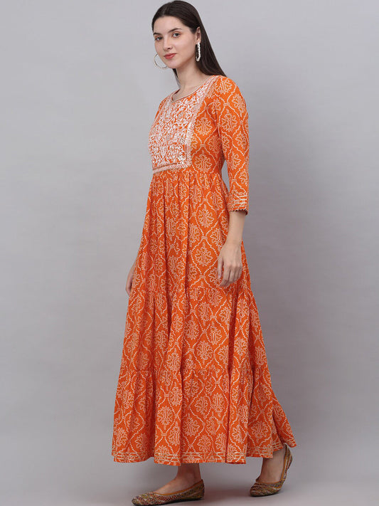 Kalini Women Orange Ethnic Motifs Printed Cotton Anarkali Kurta - Swadesiicart