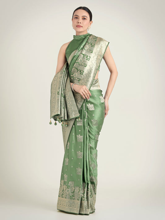 Monjolika Fashion Green Color Banarasi Satin Silk Zari Weaving Festival Saree | Swadesiicart