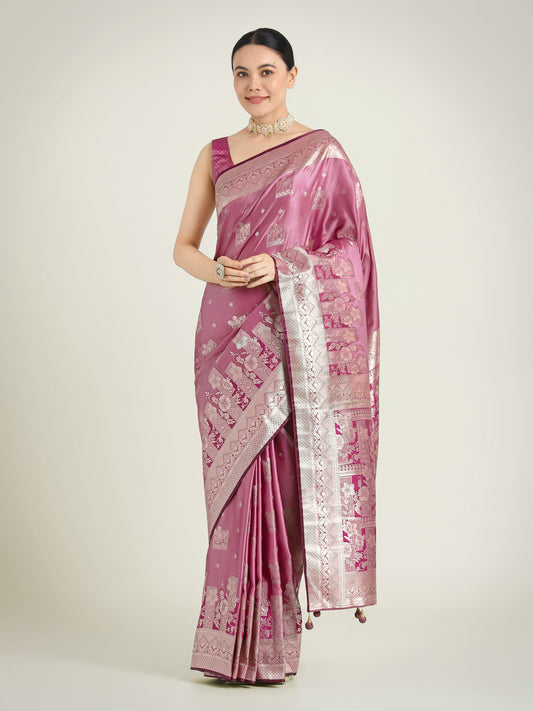 Monjolika Fashion Rose Pink Color Banarasi Satin Silk Zari Weaving Festival Saree | Swadesiicart