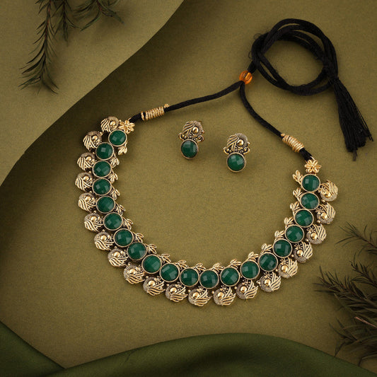 Tehzeeb Creations Green Colour Gold-Polished Stone Jewellery Choker Necklace Set With Matching Pair of Stud Earrings - Swadesiicart