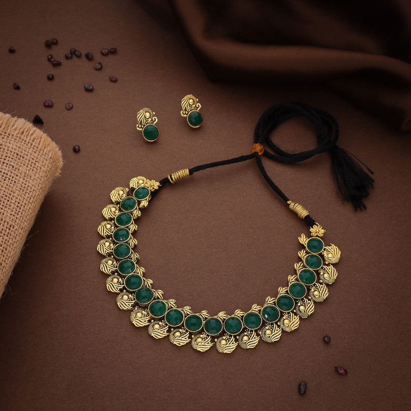 Tehzeeb Creations Green Colour Gold-Polished Stone Jewellery Choker Necklace Set With Matching Pair of Stud Earrings - Swadesiicart